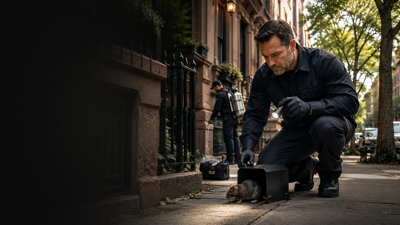 Five Boroughs Pest Control technician crouched on a Bronx brownstone sidewalk, shining a flashlight on a rat next to an open bait box, with a second technician treating the property in the background