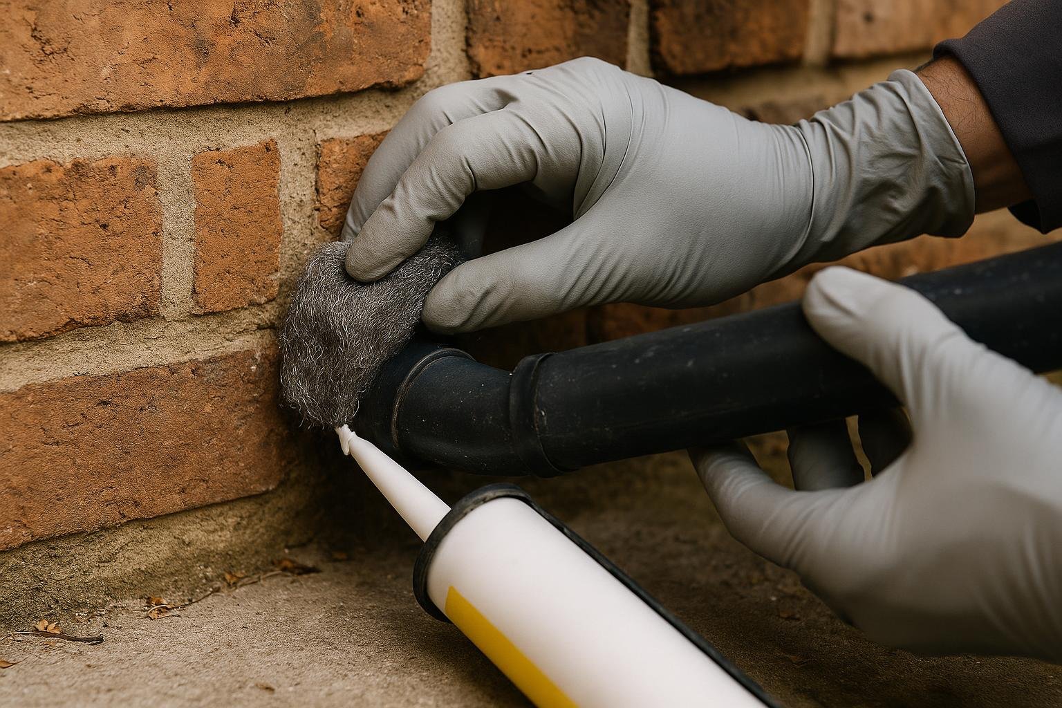 Technician sealing a pipe entry gap on a brick wall with steel wool and sealant